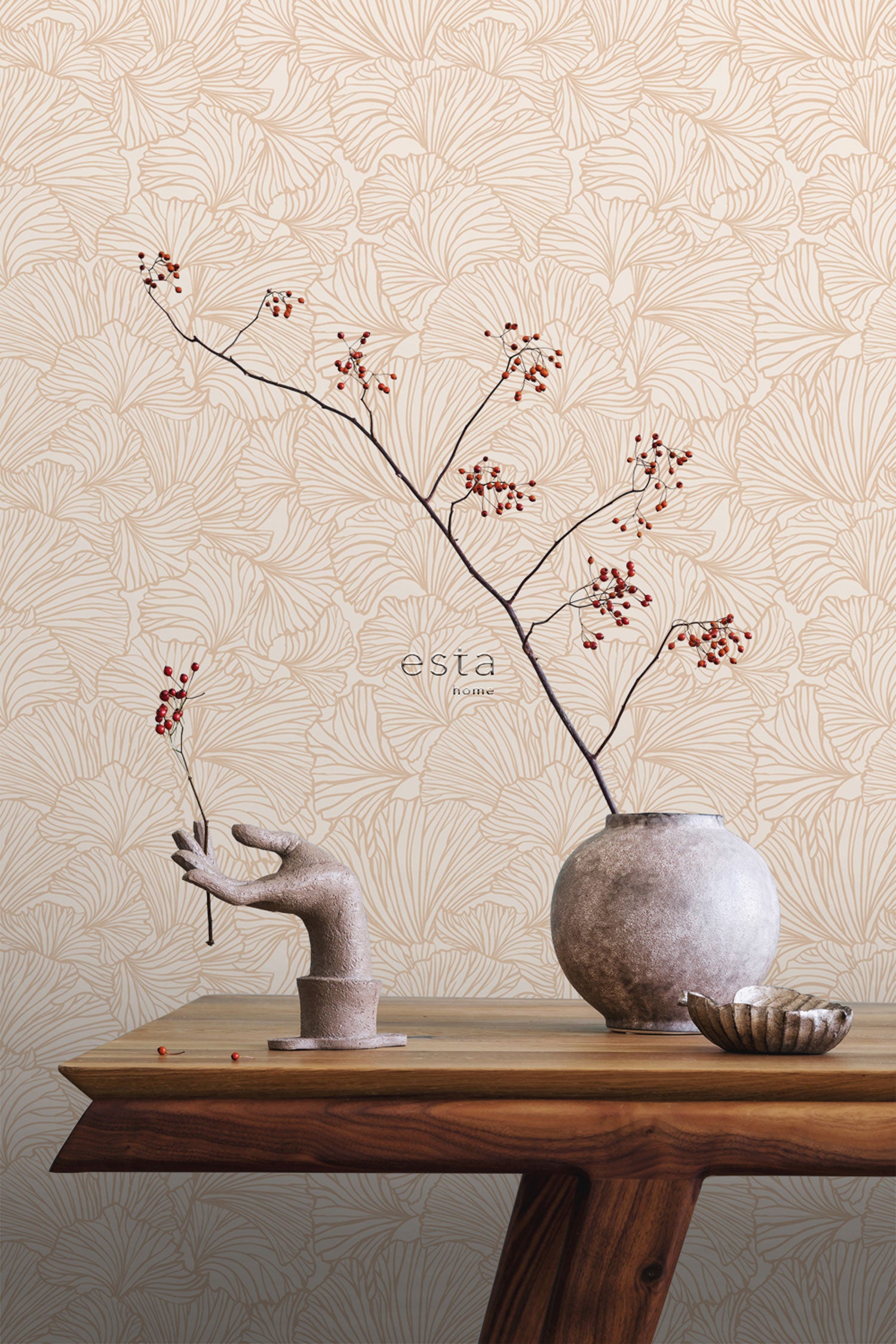 Beige non-woven wallpaper, leaves, 139488, To the Moon and Back, Esta Home