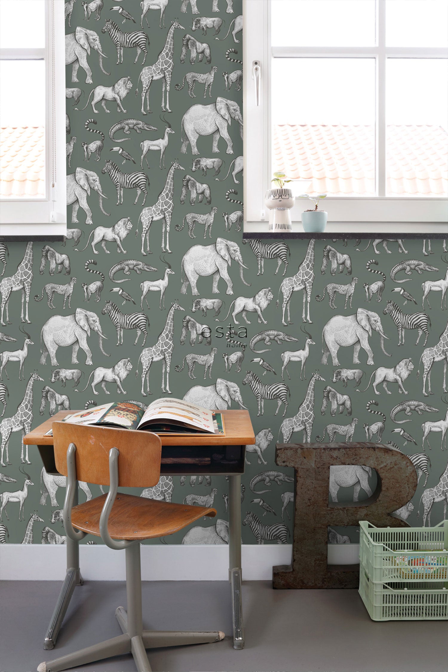 Green wallpaper, animals from Africa, 139513, To the Moon and Back, Esta Home