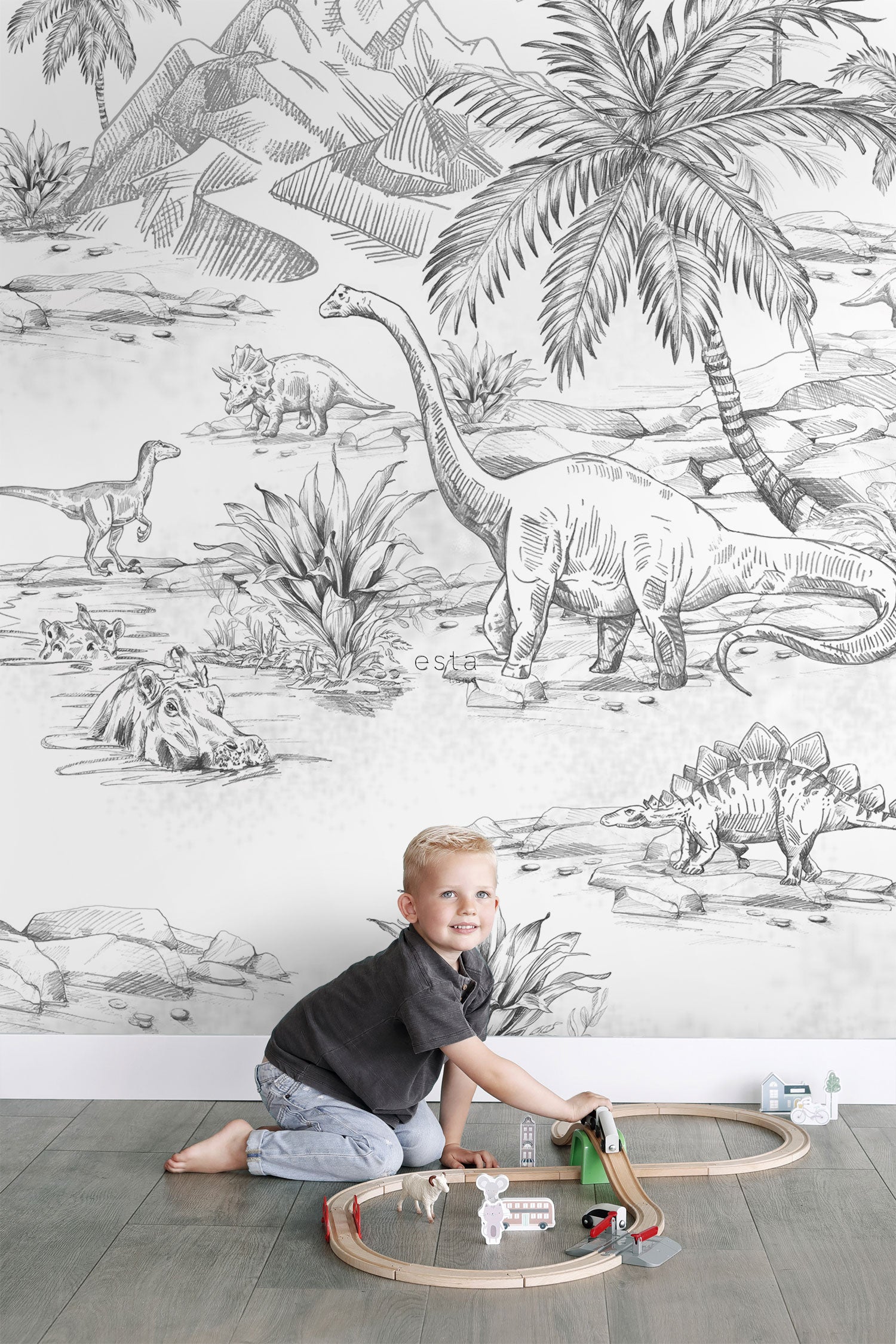 Children's wall mural with dinosaurs, 159237, To the Moon and Back, Esta Home