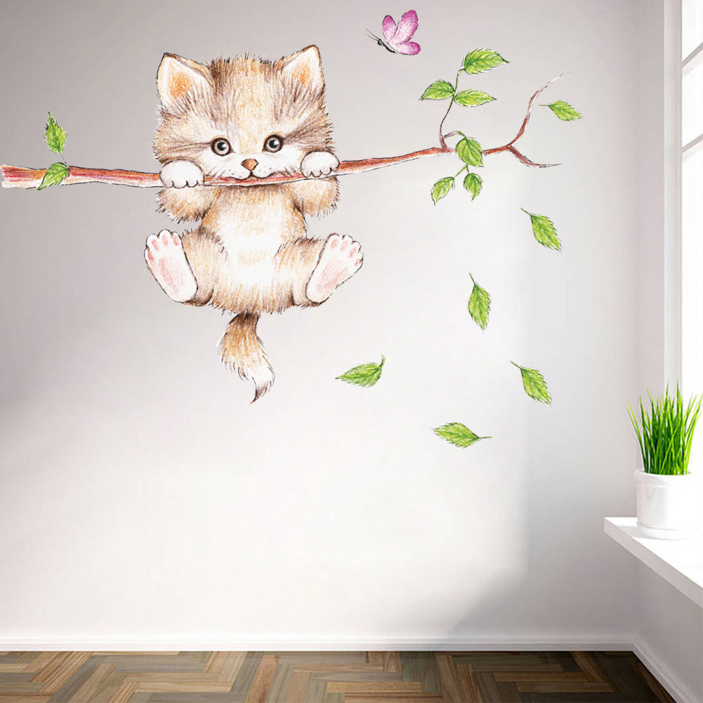 Cartoon Wall Decals Cute Cat on Branch