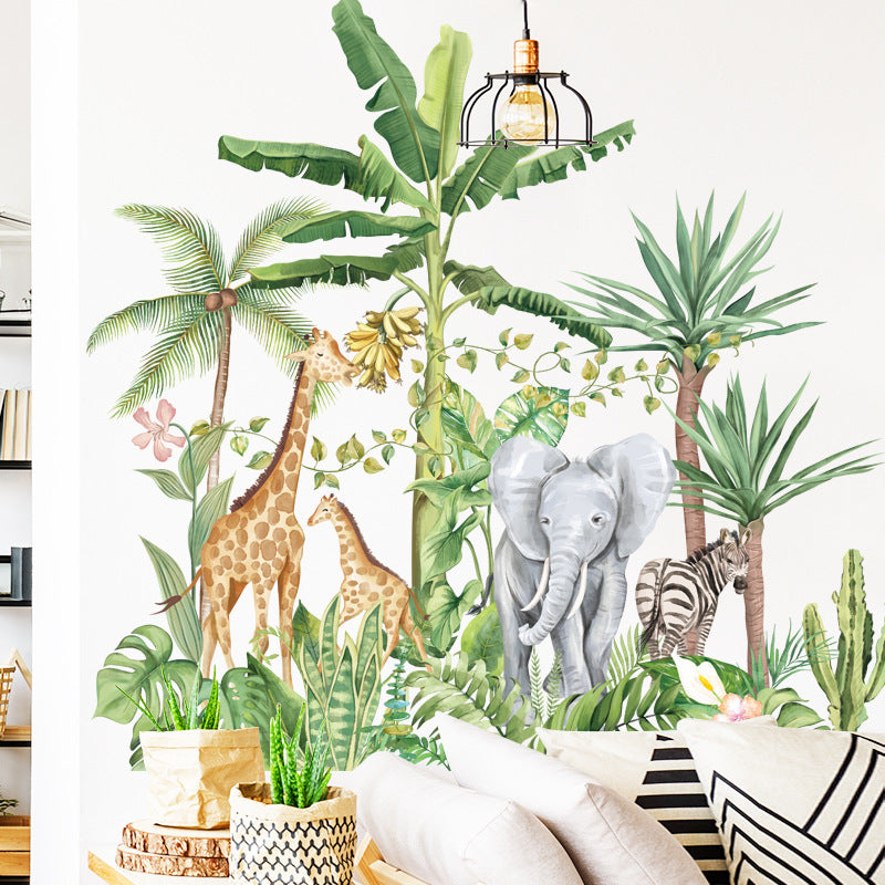 Cartoon Wall Decals Nordic Plants Elephant Giraffe