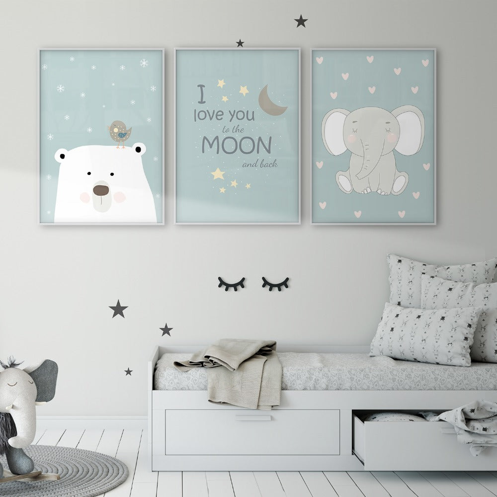 Cartoon Polar Bear Bird Elephant I Love You Moon Back Wall Art Poster