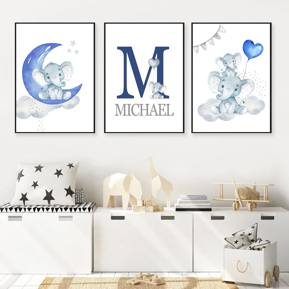 Personalized Blue Nursery Baby Boy Name Print Wall Art Canvas Painting