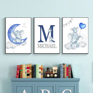 Personalized Blue Nursery Baby Boy Name Print Wall Art Canvas Painting