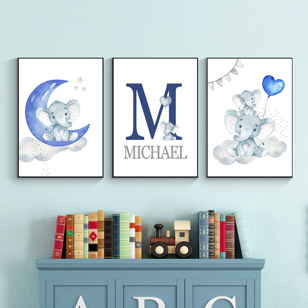 Personalized Blue Nursery Baby Boy Name Print Wall Art Canvas Painting