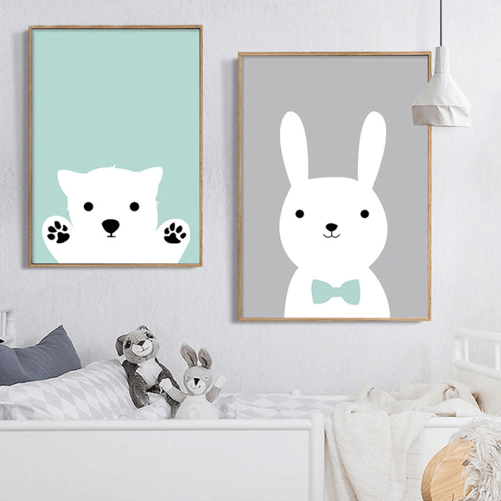 Kawaii Bear And Rabbit Nursery Canvas Posters