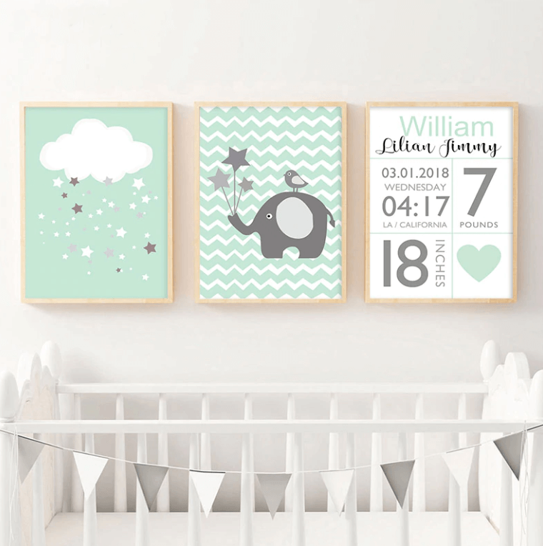 Green Birth Stats Nursery Canvas Posters - Customizable