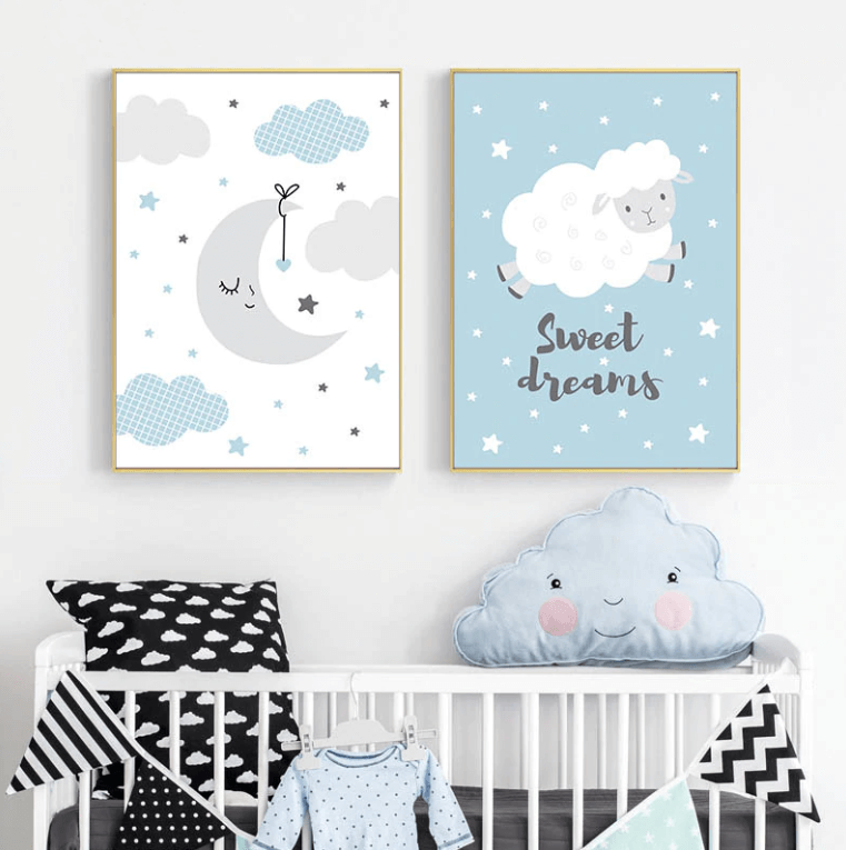 Cartoon Moon Clouds Nursery Canvas Posters