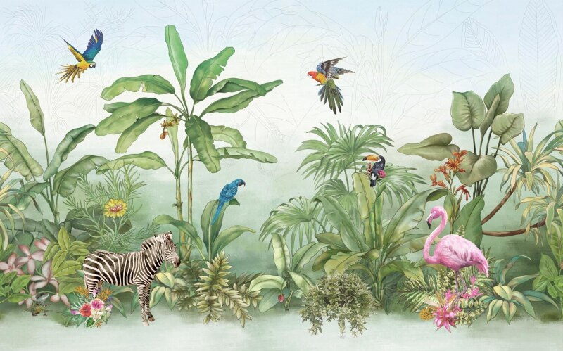 Zebra and Flamingo Jungle Wallpaper Mural