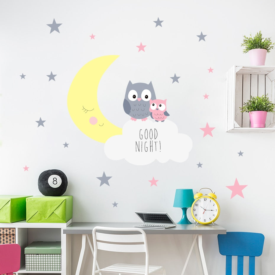 Cartoon Wall Decals Owl Moon Stars Clouds