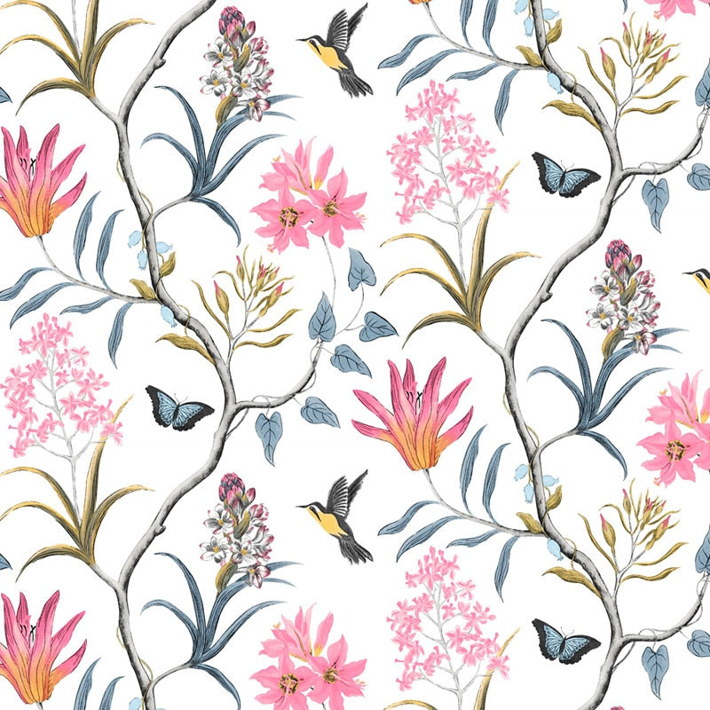 Pink Floral Birds And Butterflies Peel and Stick Wallpaper