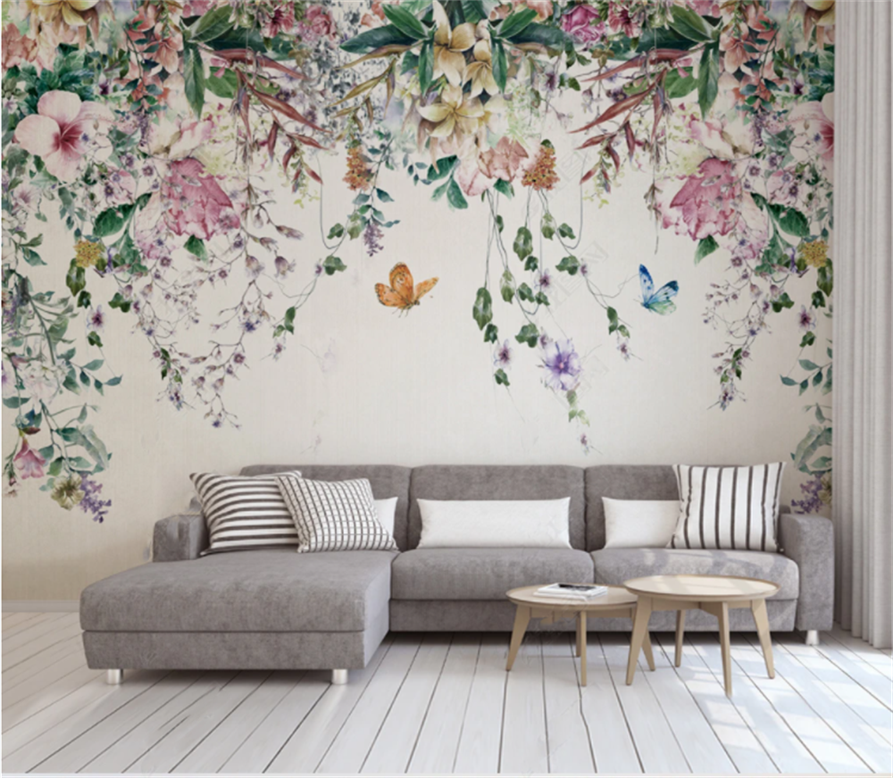 Nordic Watercolor Vine Flowers Wallpaper Mural