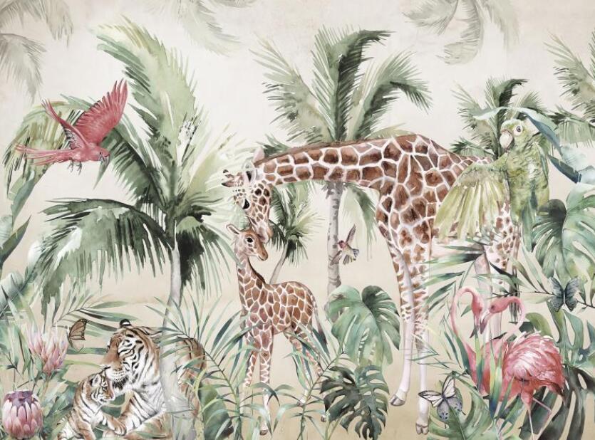 Cute Giraffe and Tygers Nursery Wallpaper Mural