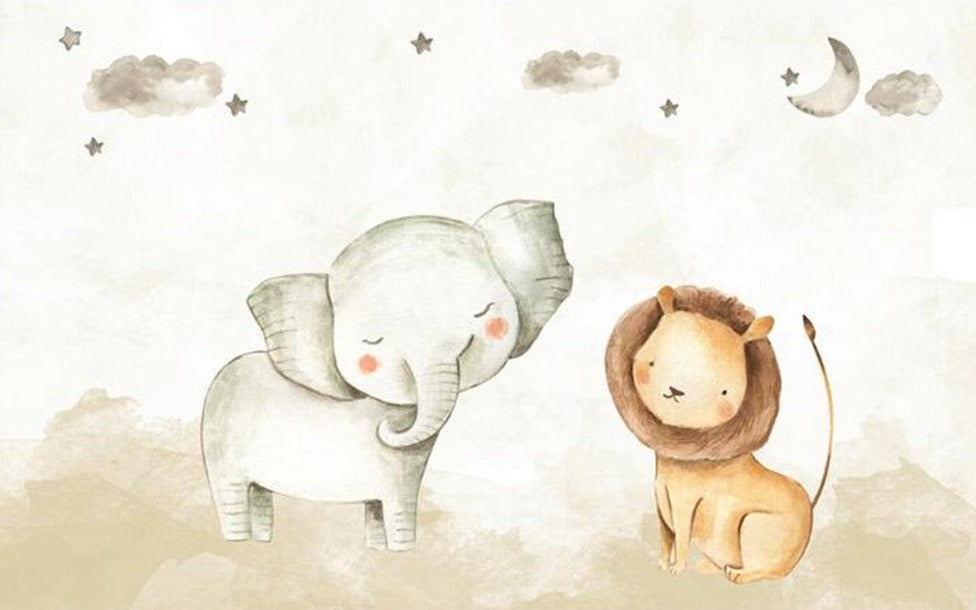 Cute Elephant And Lion Wallpaper Mural