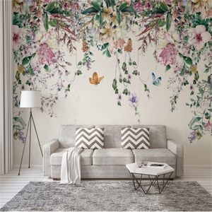 Nordic Watercolor Vine Flowers Wallpaper Mural
