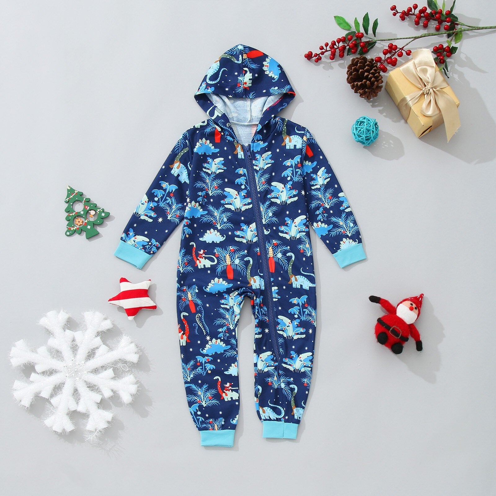 Matching Christmas Pajamas Jumpsuit Family Set - Dino Blue