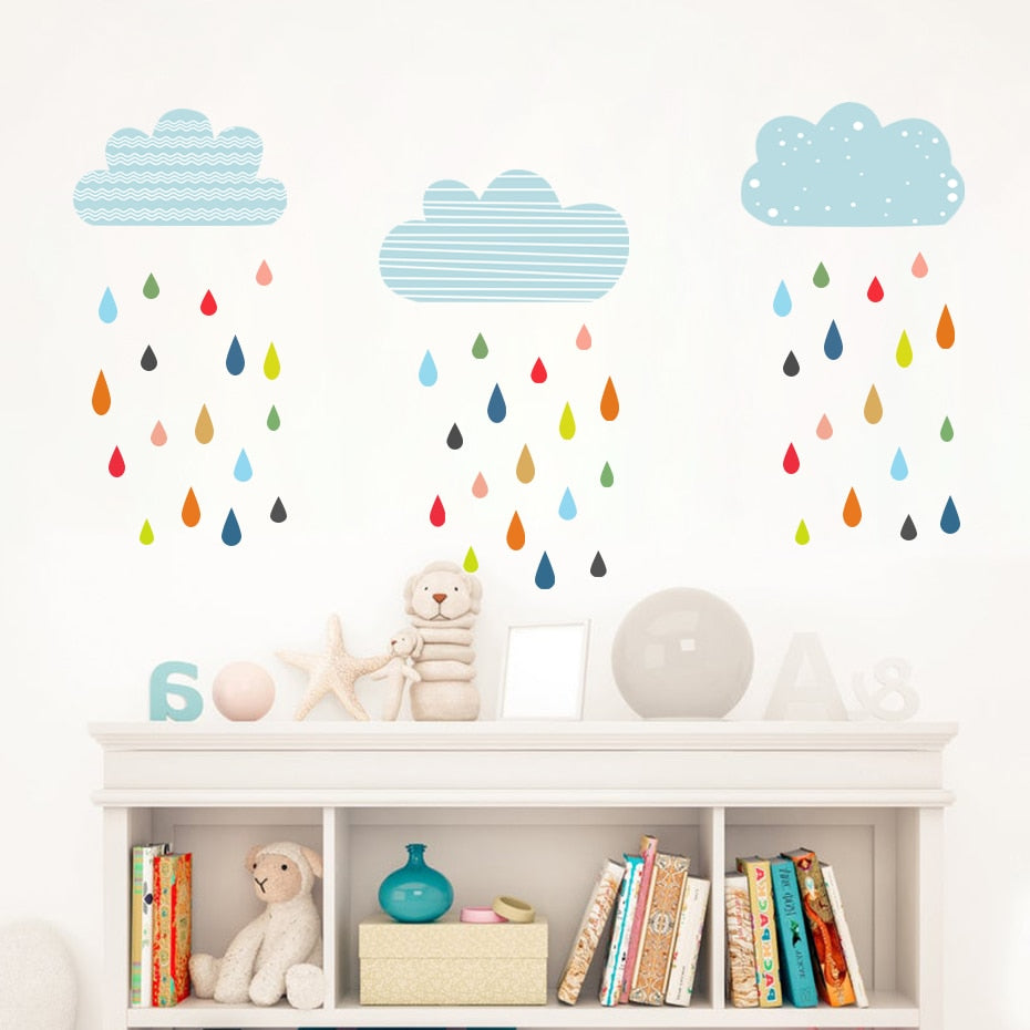 Cartoon Wall Decals Clouds Colorful Raindrops