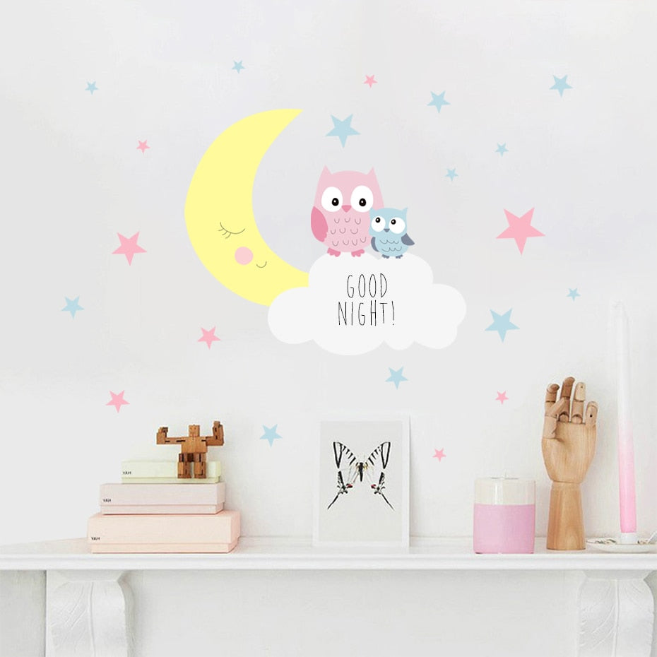 Cartoon Wall Decals Owl Moon Stars Clouds