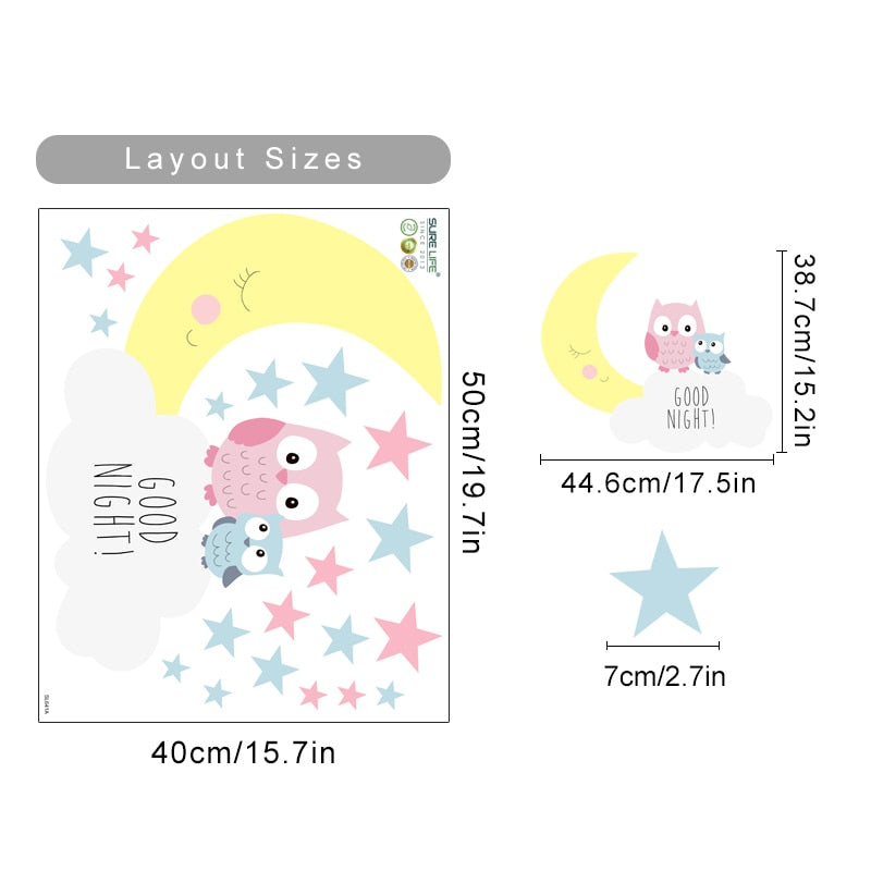 Cartoon Wall Decals Owl Moon Stars Clouds