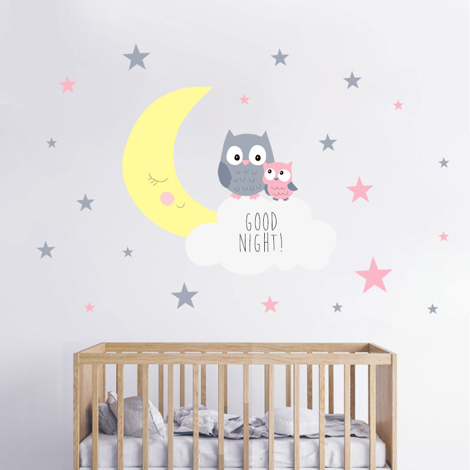 Cartoon Wall Decals Owl Moon Stars Clouds