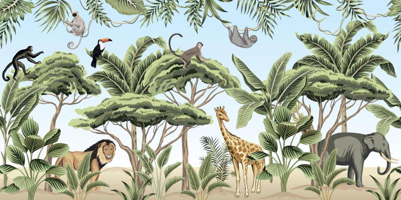 Safari Animals and Apes Painted Wallpaper Mural