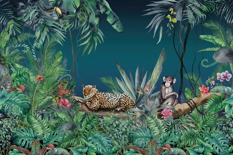 Leopard and Chimpanzee Night Jungle Nursery Wallpaper Mural