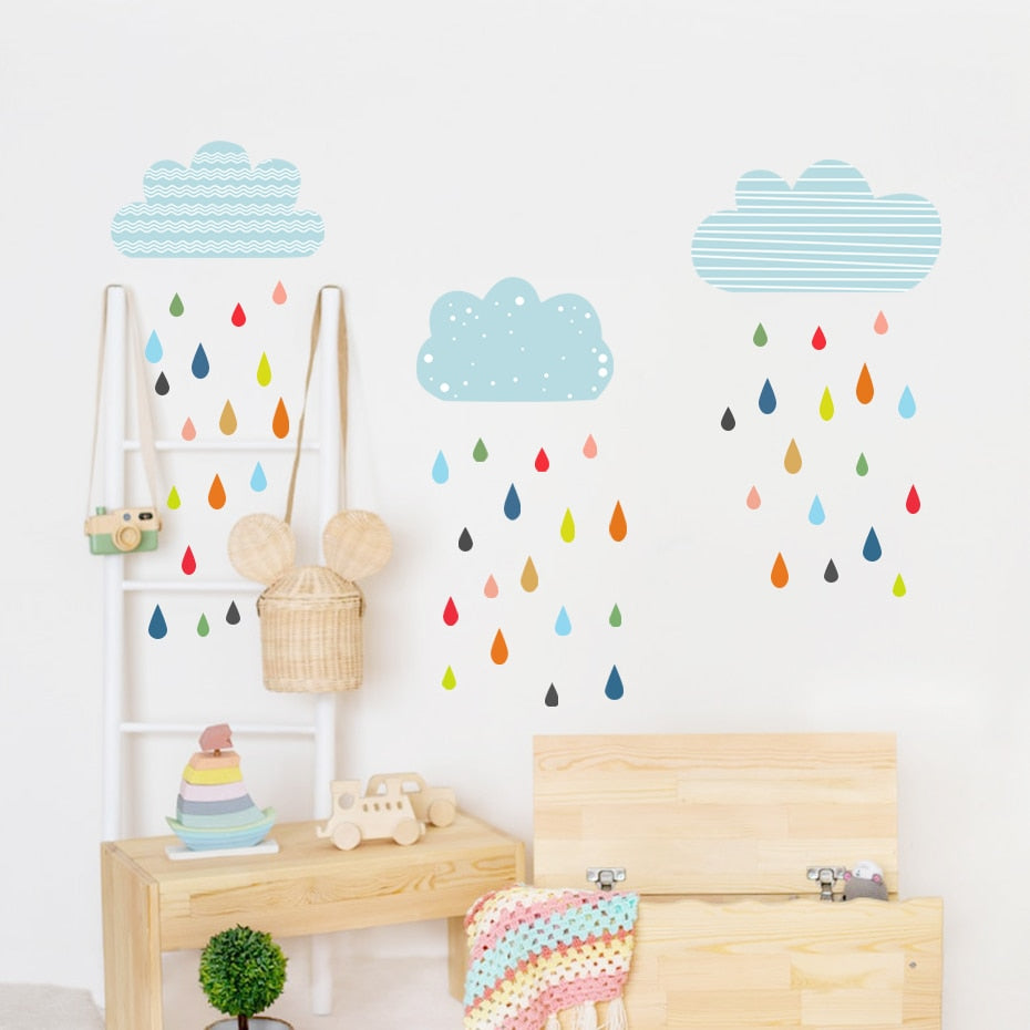Cartoon Wall Decals Clouds Colorful Raindrops