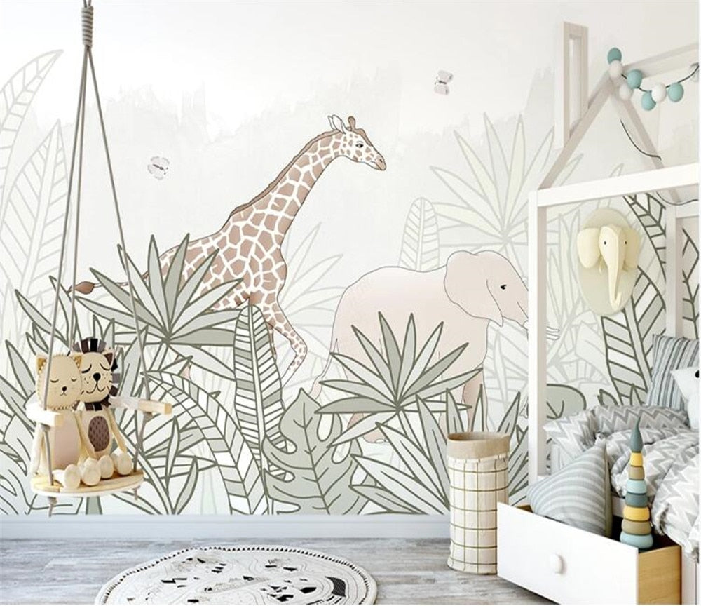 Painted Giraffe and Elephant Nursery Wallpaper Mural