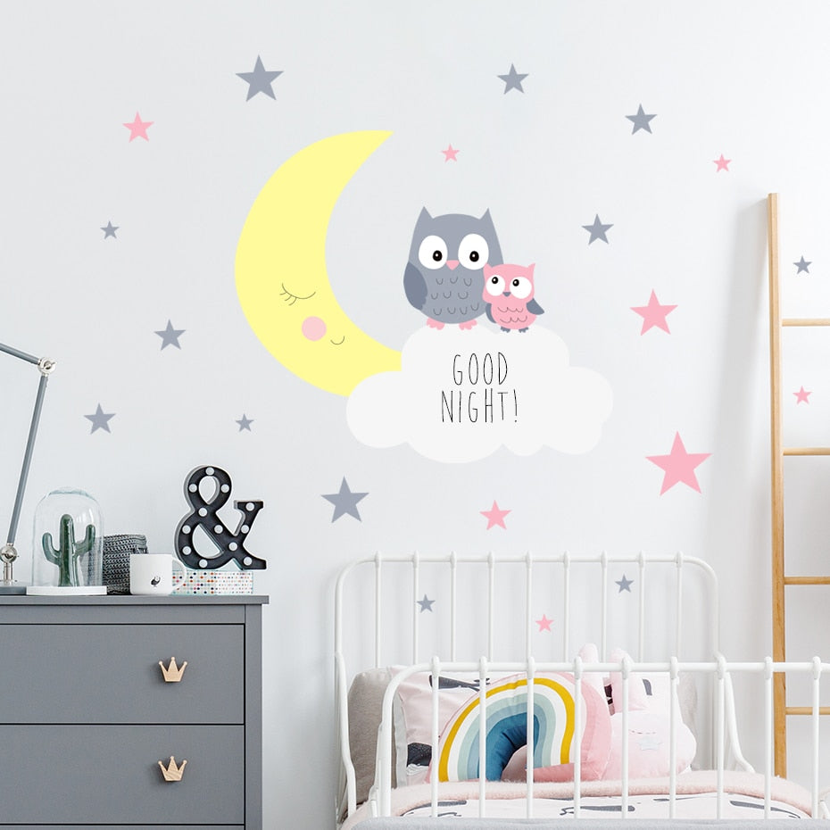 Cartoon Wall Decals Owl Moon Stars Clouds