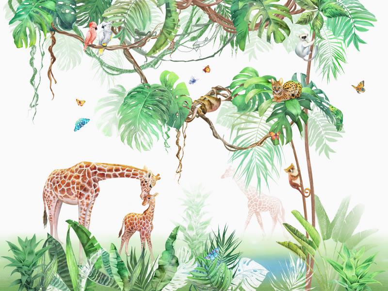 Cartoon Giraffe And Tree Animals Wallpaper Mural