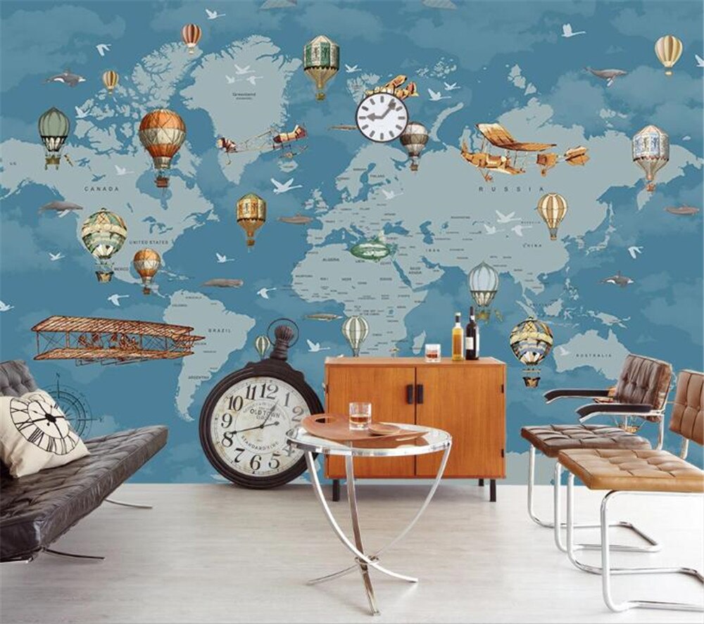 Cartoon World Map Planes and Balloons Wallpaper Mural