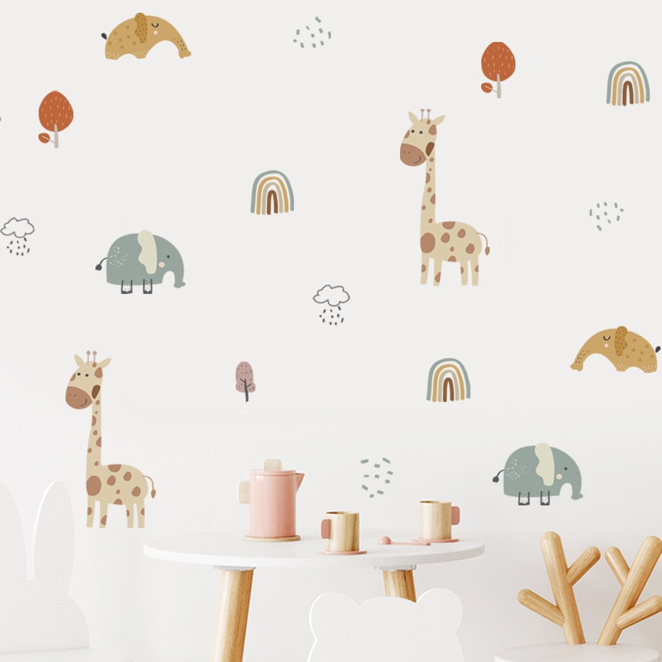 Cartoon Wall Decals Giraffe Elephant Rainbow