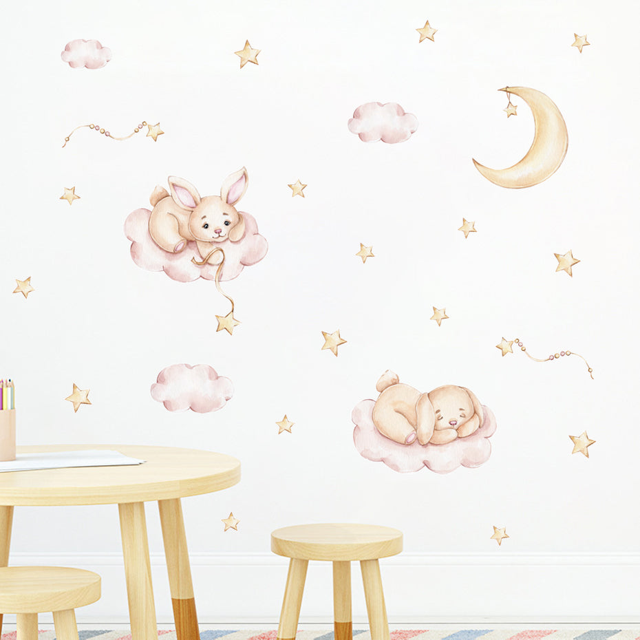 Cartoon Wall Decals Bunny Moon Clouds