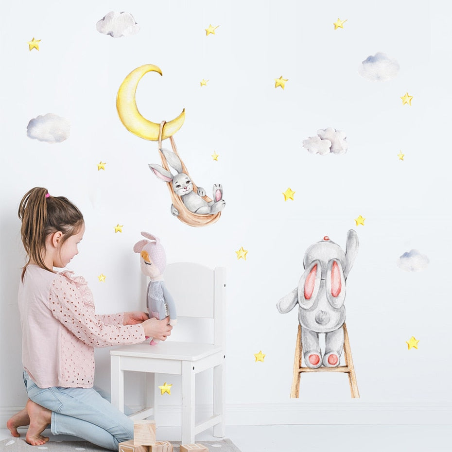 Cartoon Wall Decals Bunny Moon Stars Clouds