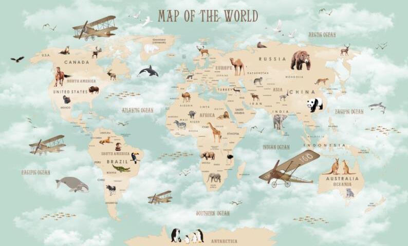 Cartoon World Map Planes and Animals Wallpaper Mural
