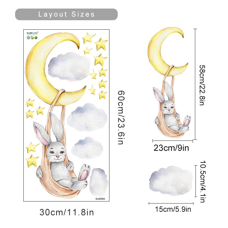 Cartoon Wall Decals Bunny Moon Stars Clouds