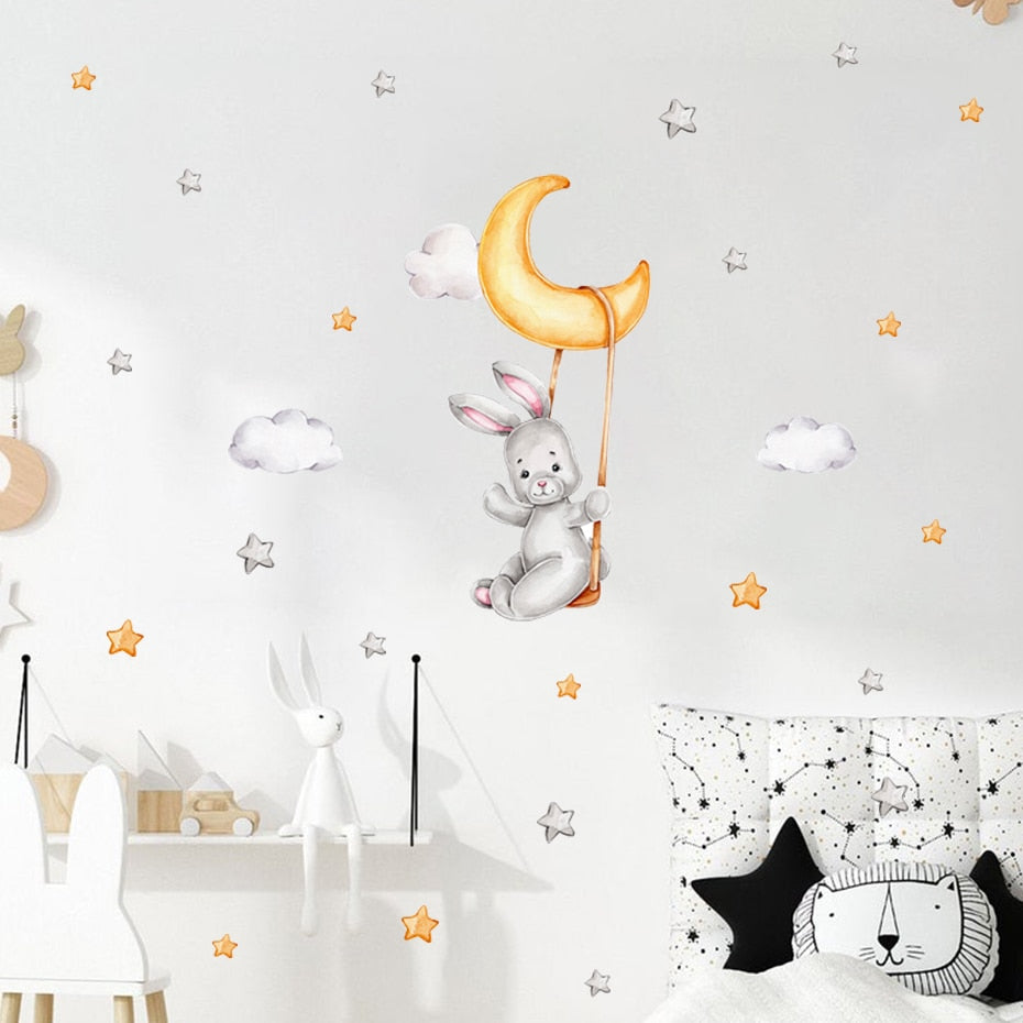 Cartoon Wall Decals Rabbit Moon Swing