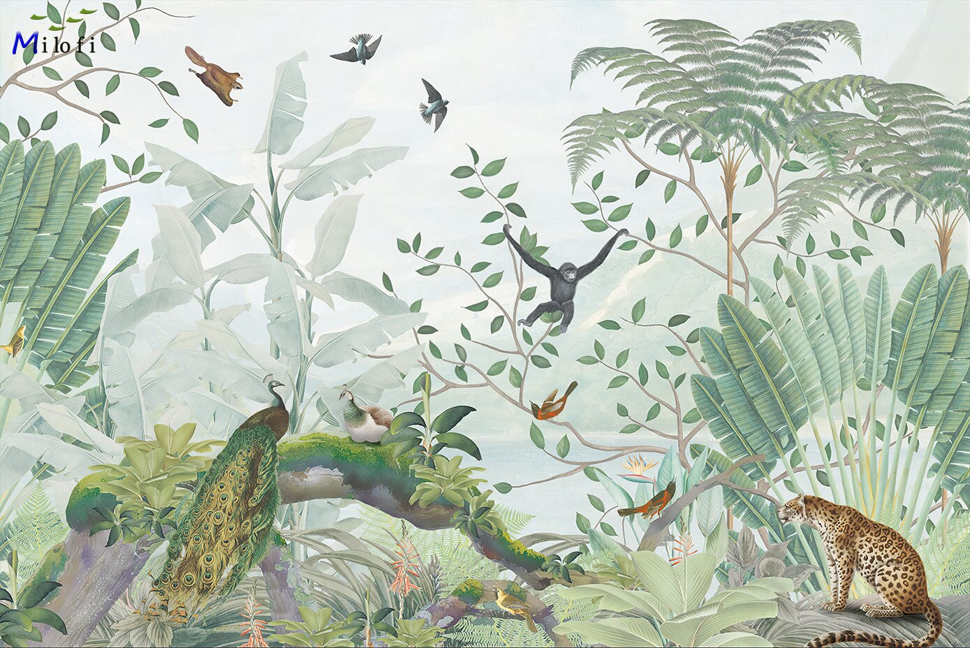 Jungle Animals and Peacock Viewpoint Wallpaper Mural