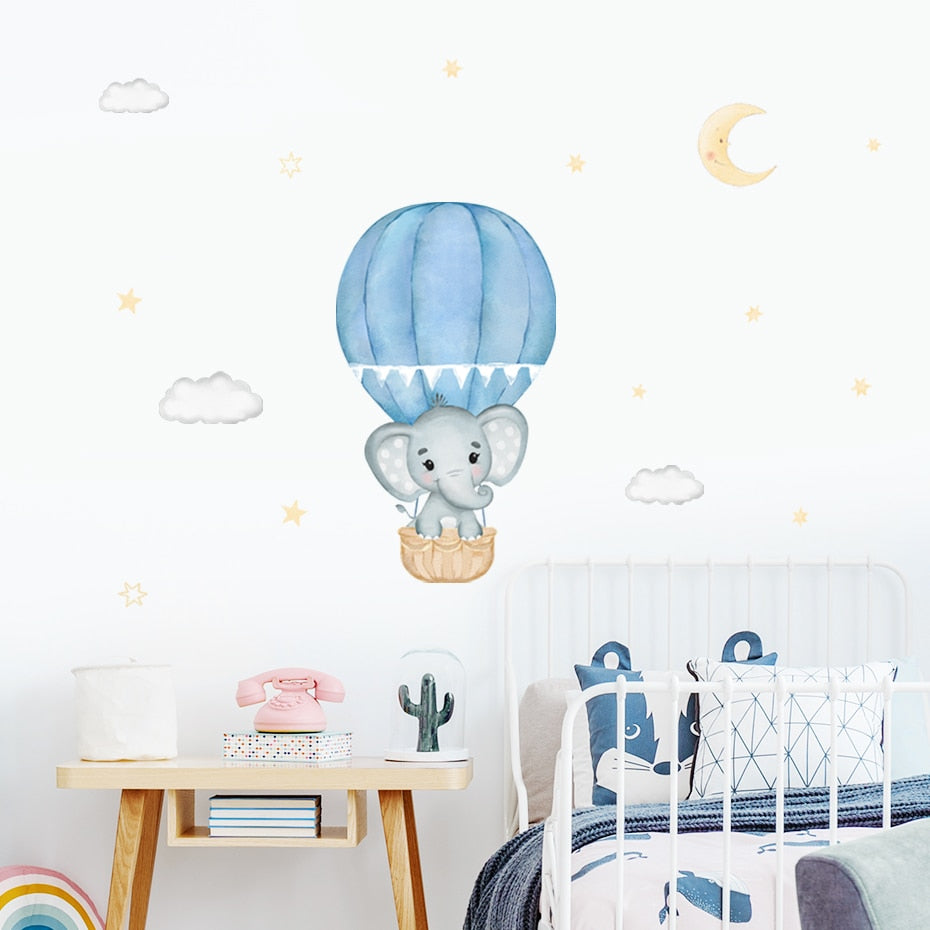 Cartoon Wall Decals Elephant Hot Air Balloon