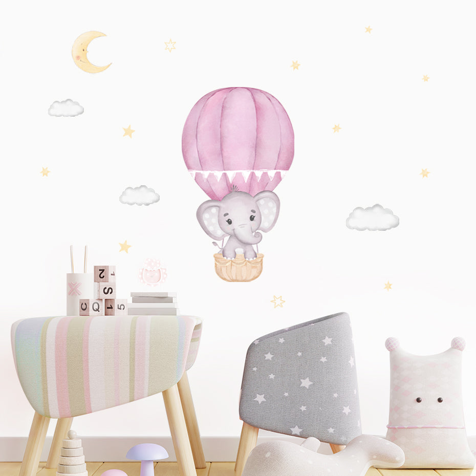 Cartoon Wall Decals Elephant Hot Air Balloon