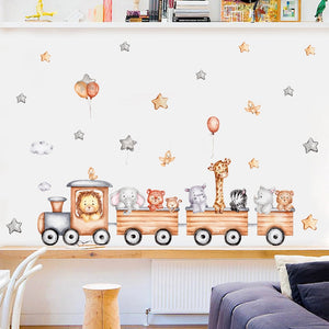 Cartoon Wall Decals Train With Jungle Animals