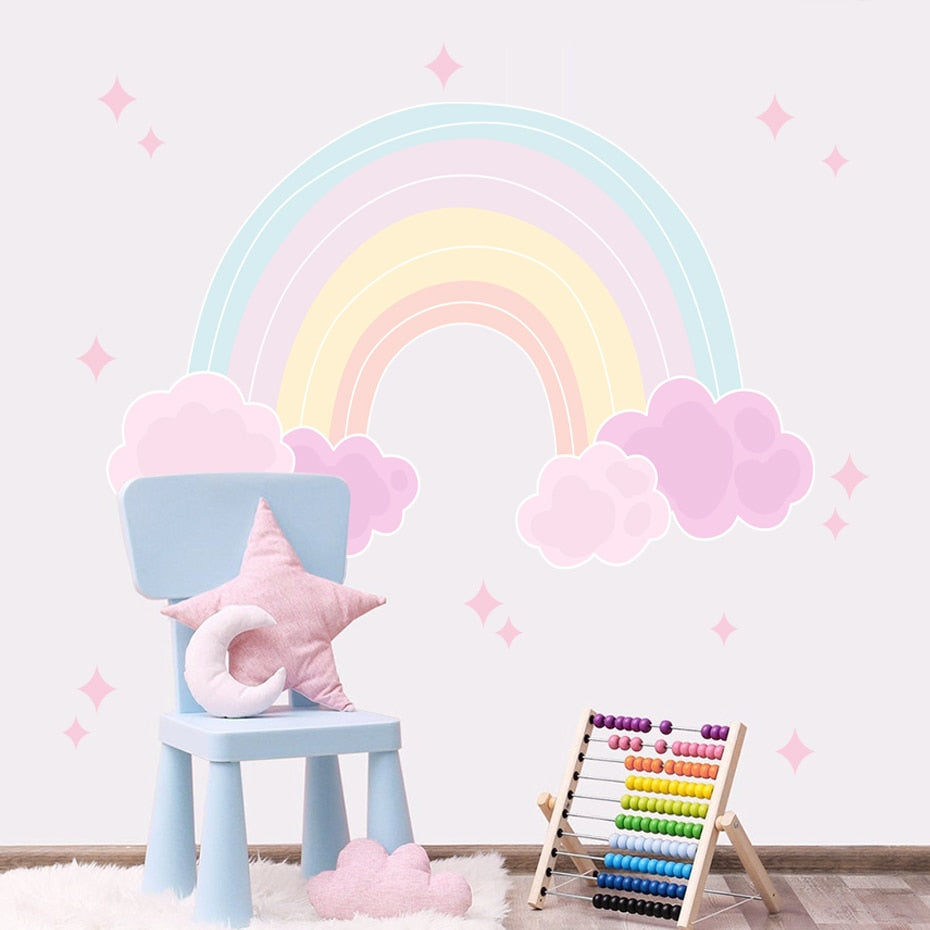 Cartoon Wall Decals Pink Rainbow Clouds Stars