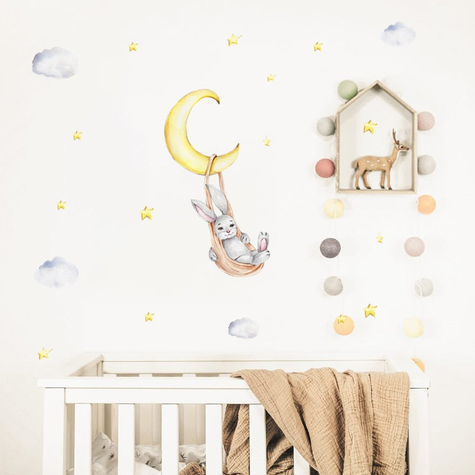 Cartoon Wall Decals Bunny Moon Stars Clouds