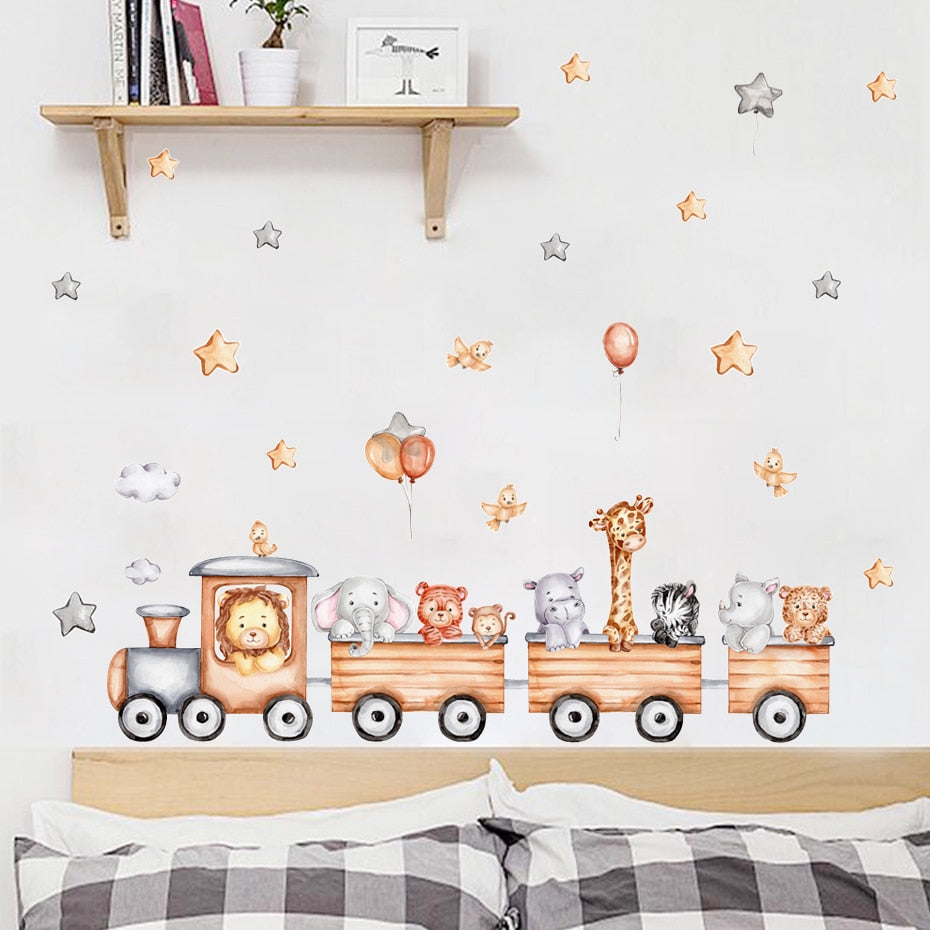 Cartoon Wall Decals Train With Jungle Animals
