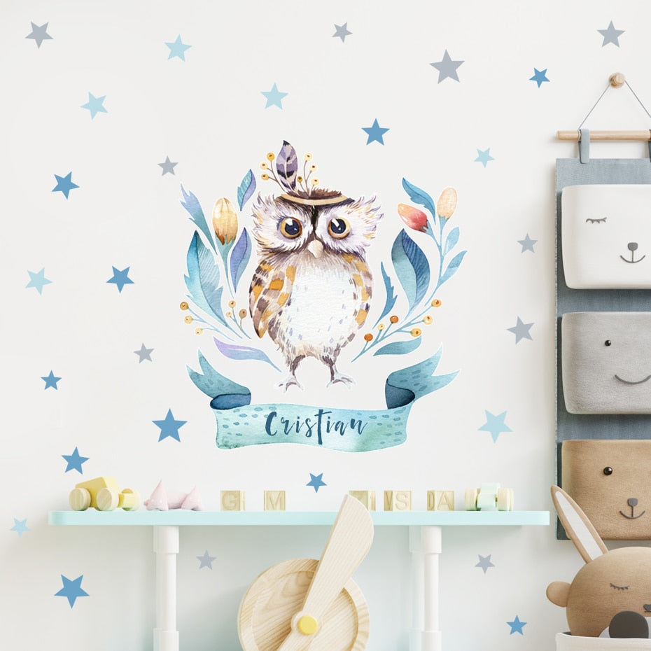 Custom Name Wall Decals Owl Tribe Leaves
