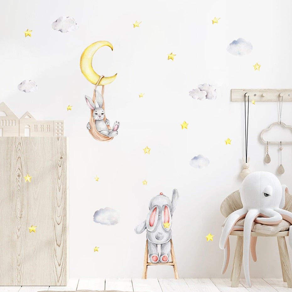 Cartoon Wall Decals Bunny Moon Stars Clouds