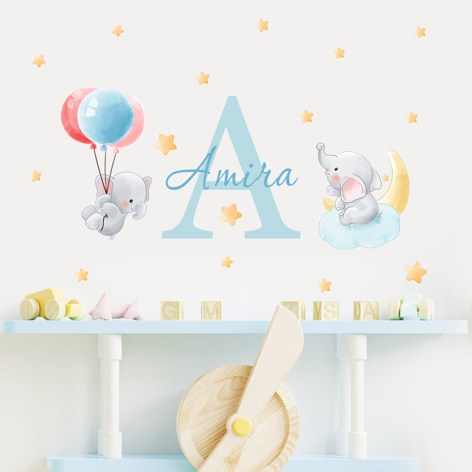 Custom Name Wall Decals Cute Elephant Air Balloon
