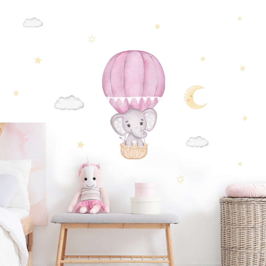 Cartoon Wall Decals Elephant Hot Air Balloon