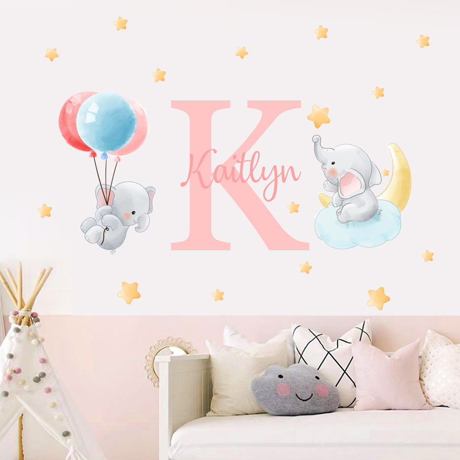 Custom Name Wall Decals Cute Elephant Air Balloon