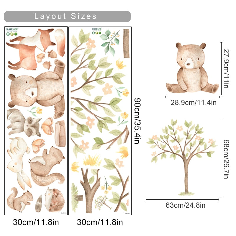 Cartoon Wall Decals Tree and Cute Animals